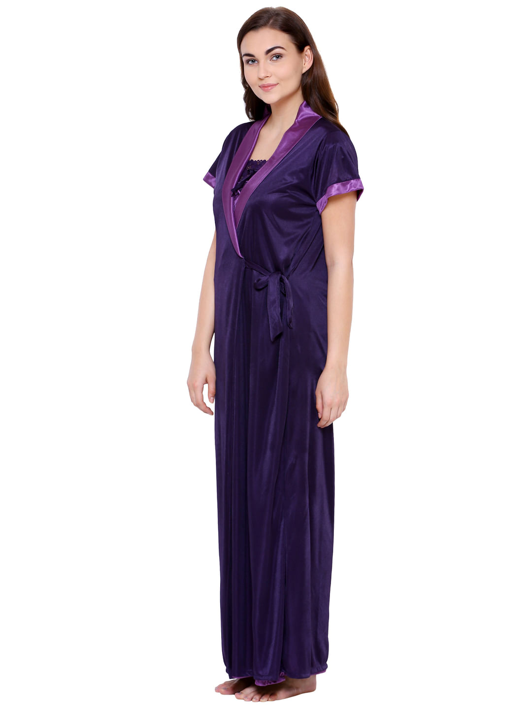 Purple Solid Nightdress with Robe