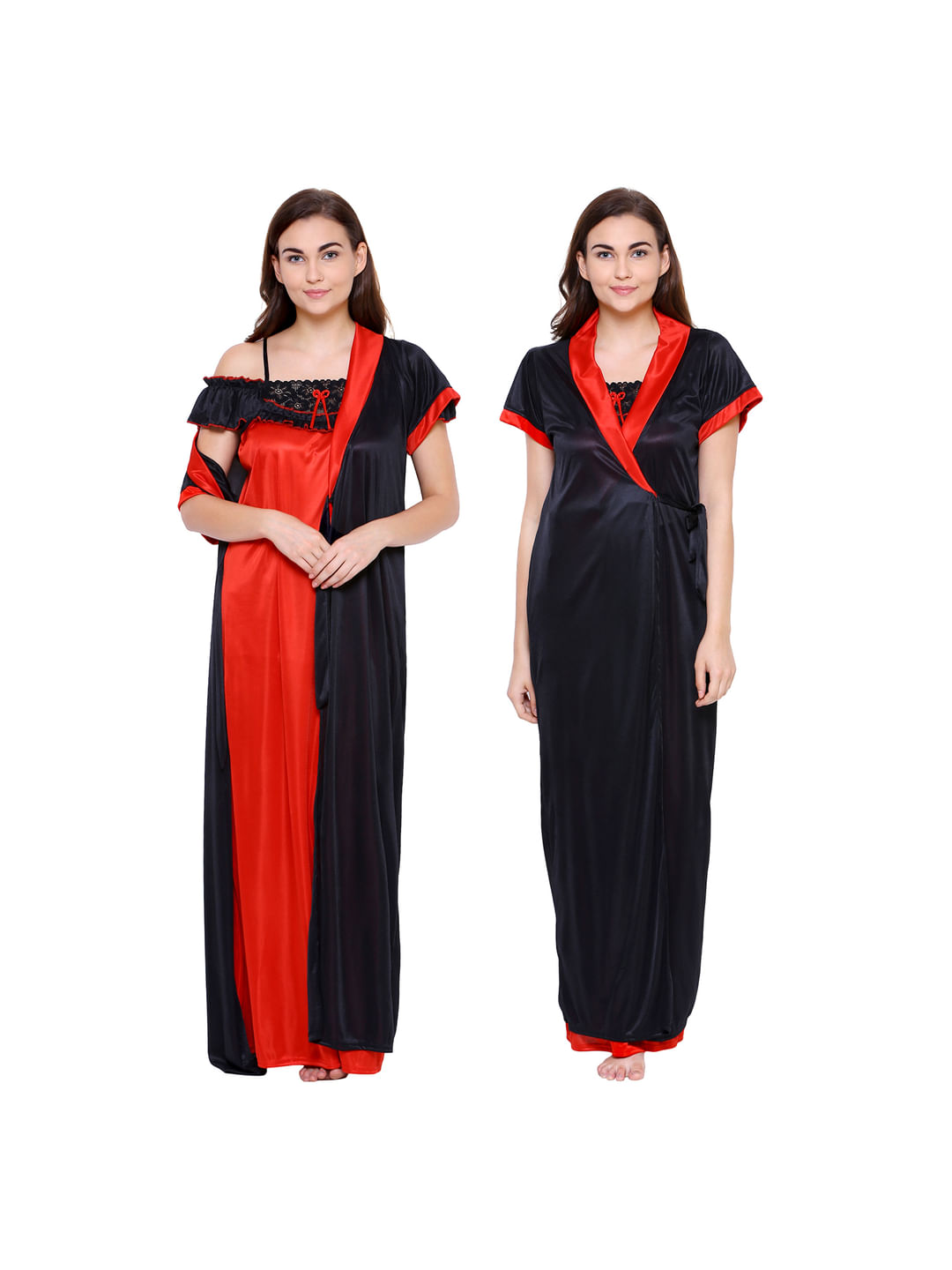 Satin Black-Red Nighty with Robe (Free Size)