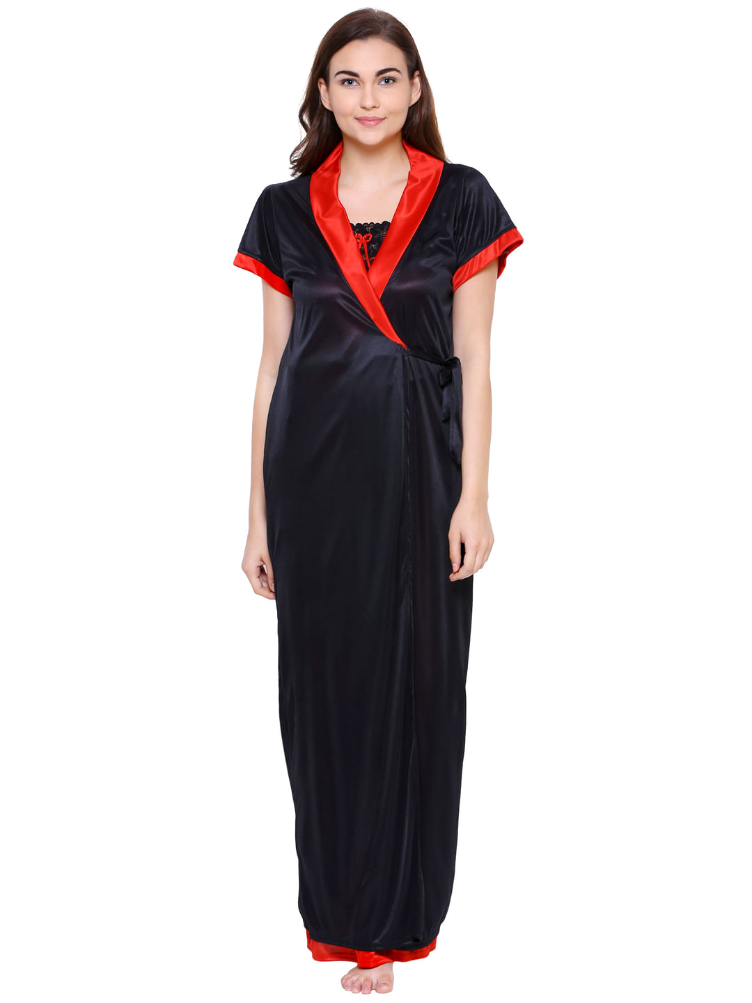 Satin Black-Red Nighty with Robe (Free Size)