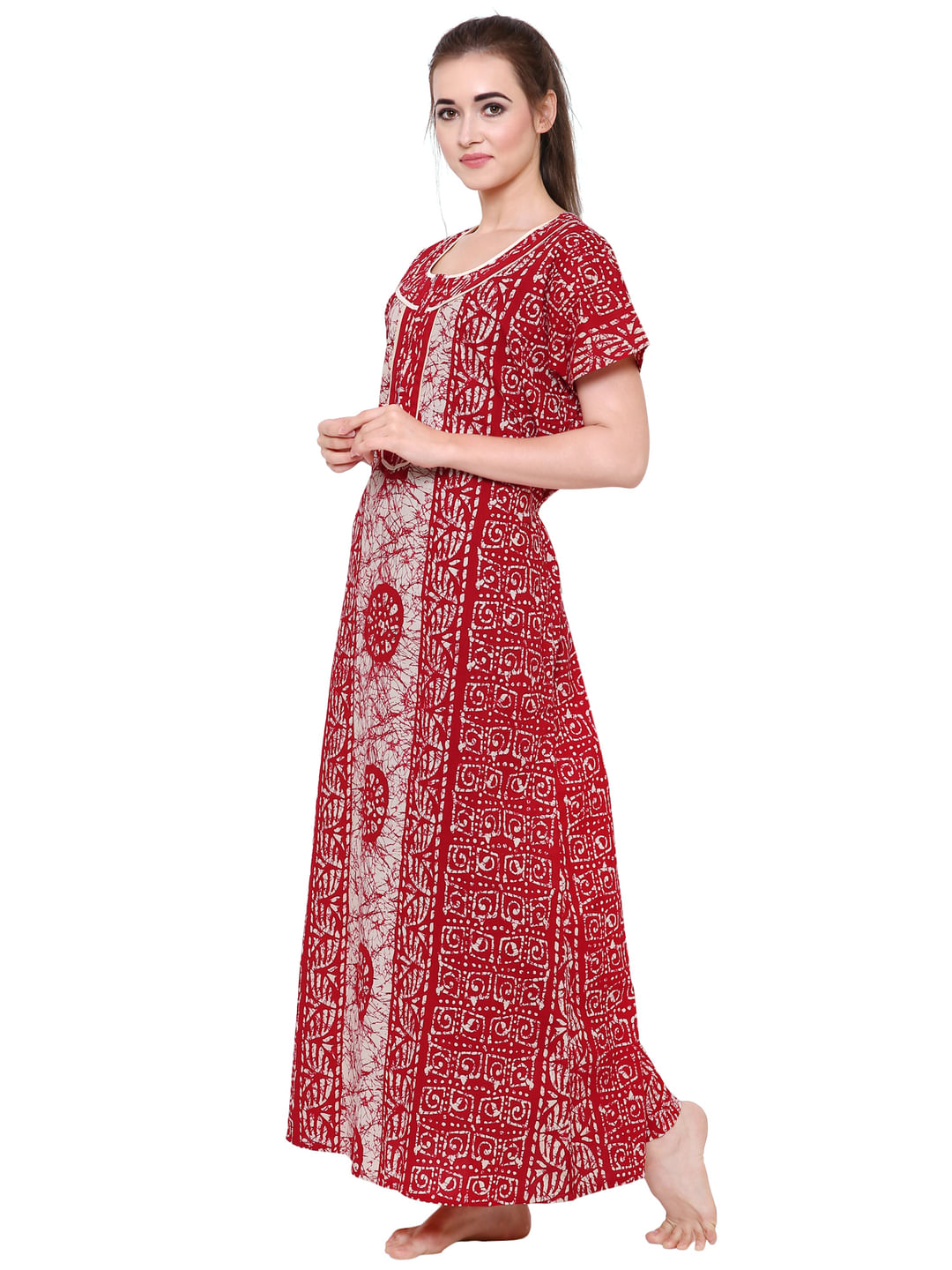 Red-Off-White Cotton Printed Nightdress