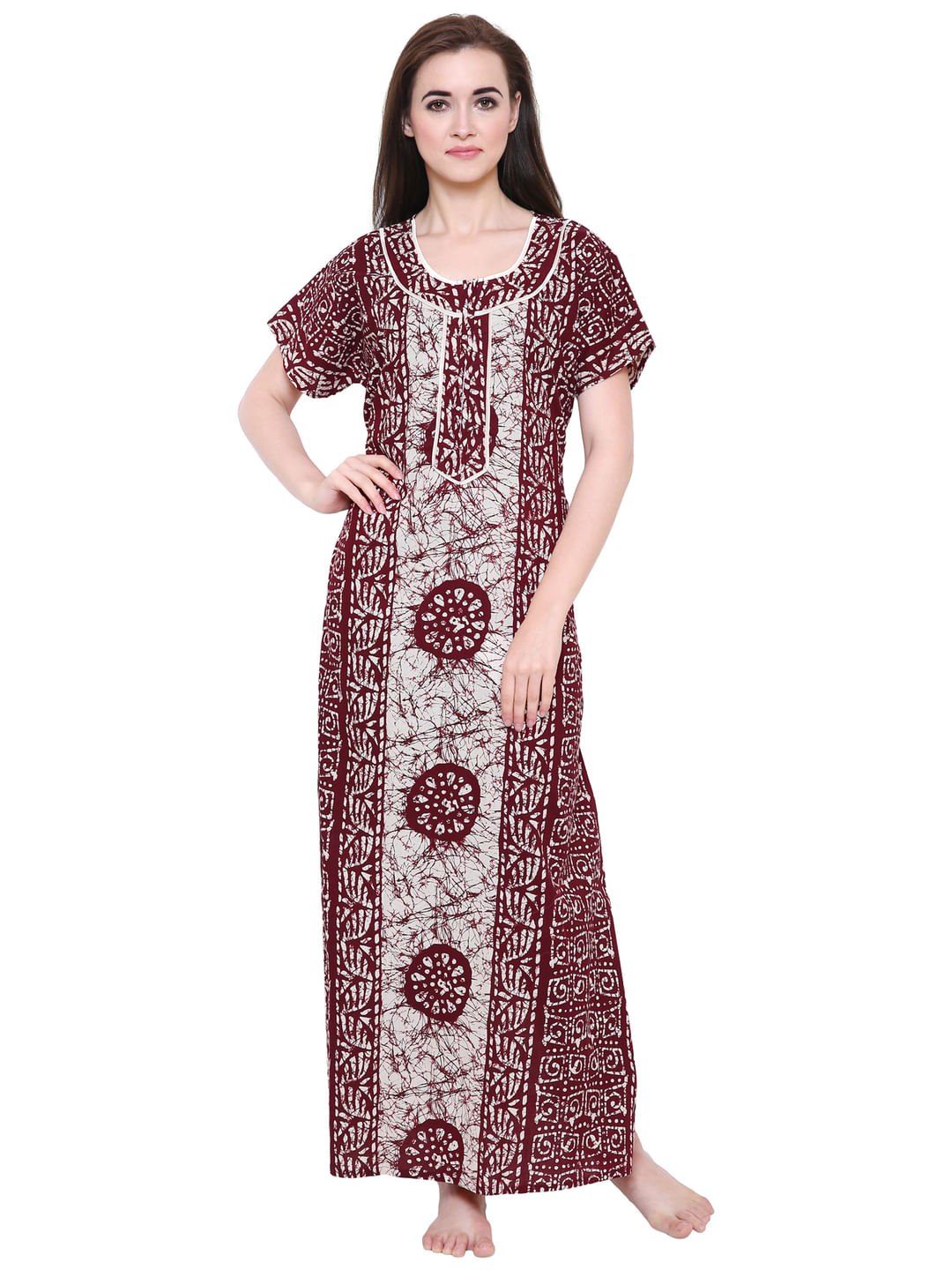 Maroon-Off-White Cotton Printed Nightdress