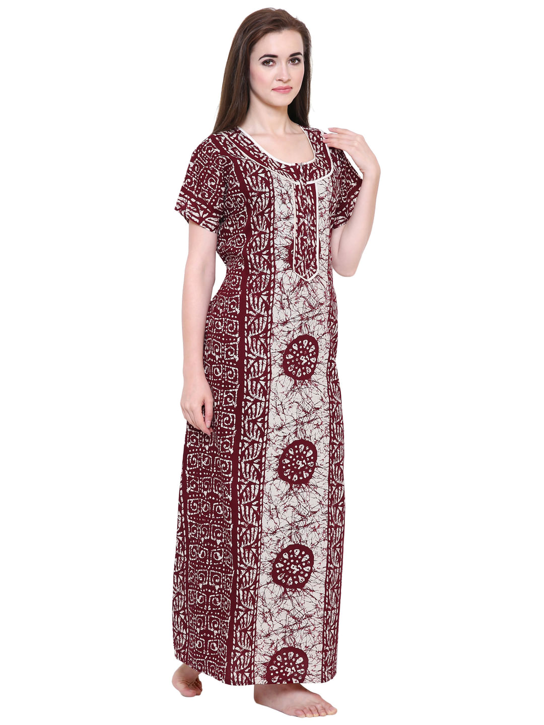Maroon-Off-White Cotton Printed Nightdress