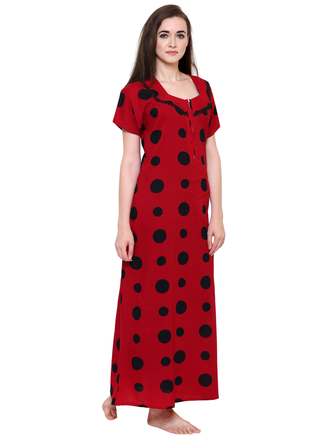 Red-Black Cotton Printed Nightdress