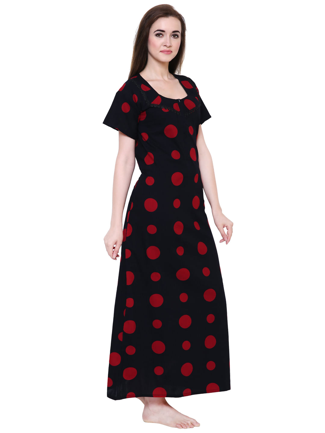 Secret Wish Women's Black-Red Cotton Printed Nightdress