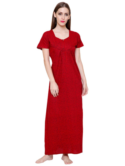 Red Printed Cotton Maxi Nightdress
