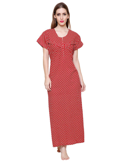 Red Printed Cotton Maxi Nightdress