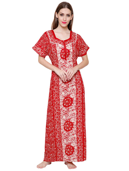 Red-White Cotton Printed Maxi Nightdress