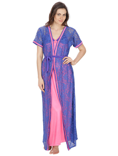 Net, Satin Royal Blue, Pink Robe, Nighty (Royal Blue, Pink, Free Size)