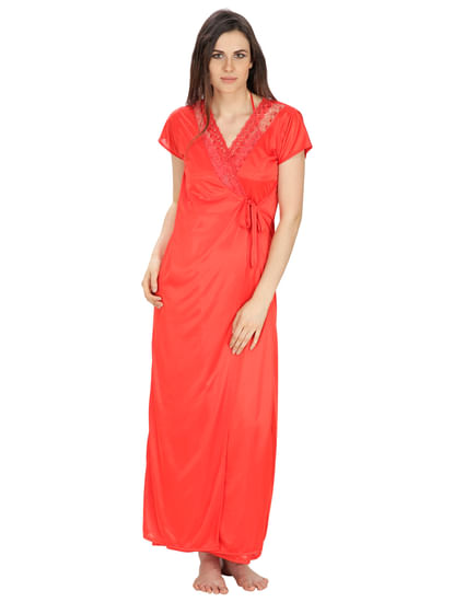 Secret Wish Women's Satin, Net Red Robe, Nighty (Red, Free Size)