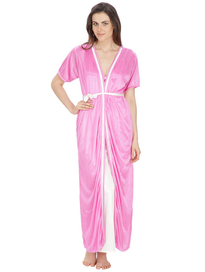 Secret Wish Women's Satin Pink, White Robe, Nighty (Pink, White, Free Size)