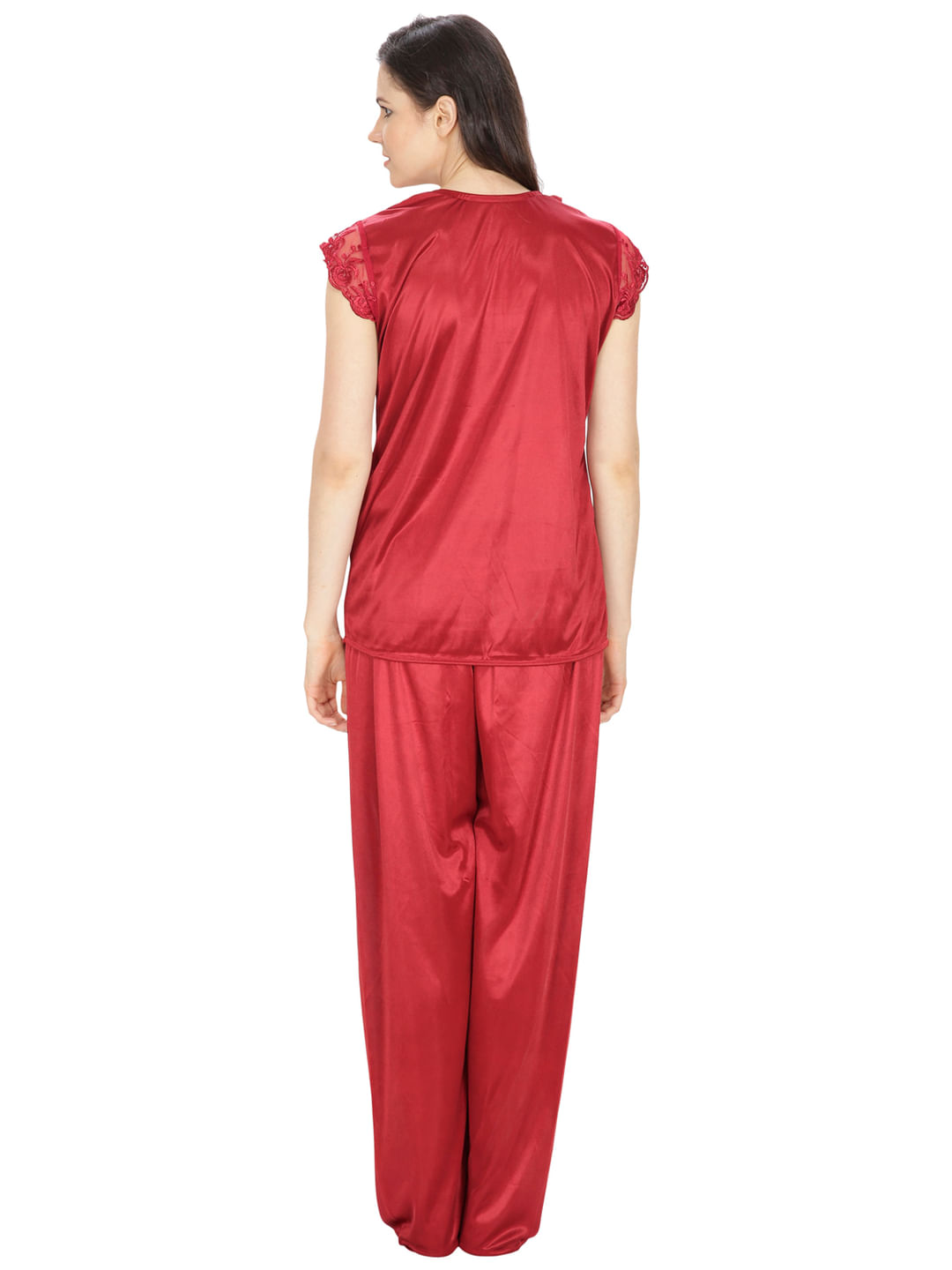 Satin Maroon Nightsuit Set with Slippers (Maroon, Free Size)