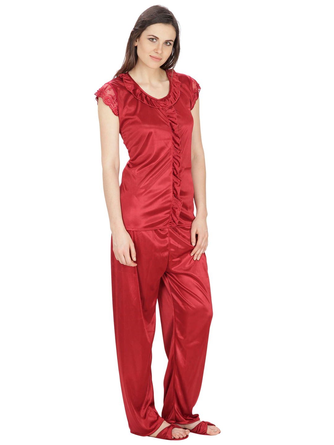 Satin Maroon Nightsuit Set with Slippers (Maroon, Free Size)