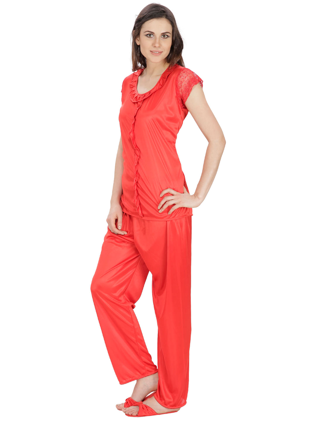 Satin Red Nightsuit Set with Slippers (Red, Free Size)