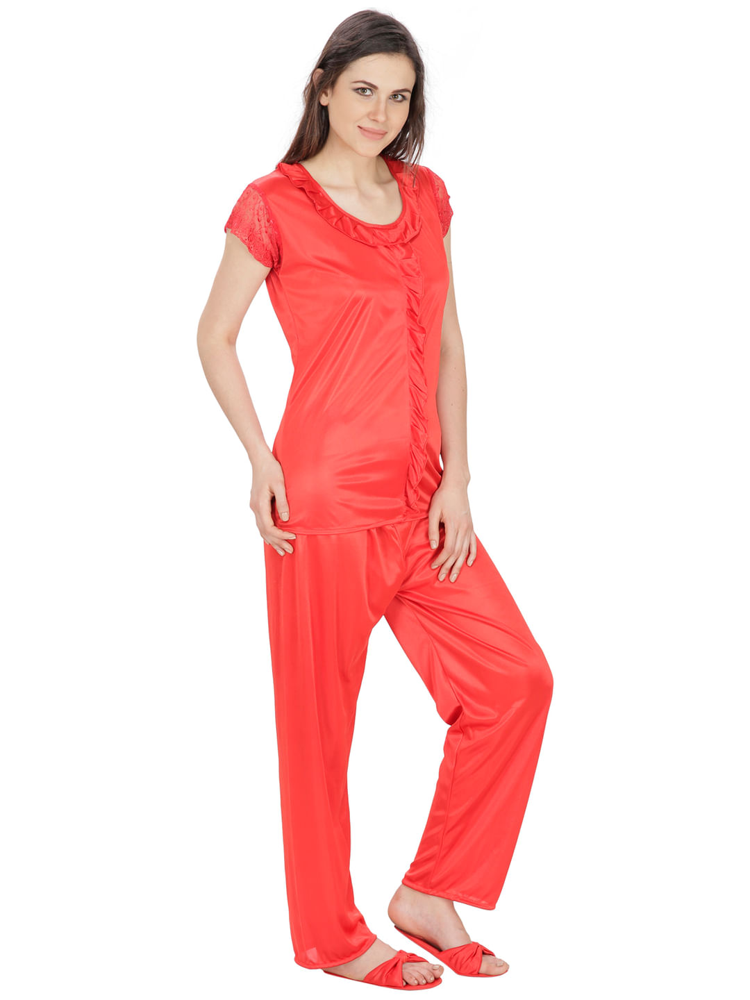 Secret Wish Women's Satin Red Nightsuit Set with Slippers (Red, Free Size)