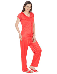 Satin Red Nightsuit Set with Slippers (Red, Free Size)