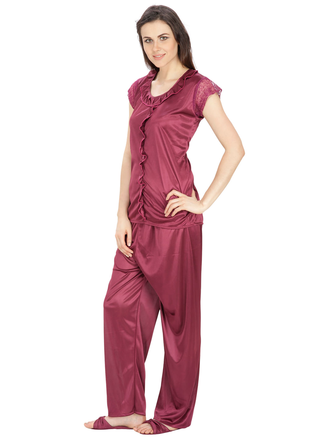 Secret Wish Women's Satin Wine Red Nightsuit Set with Slippers (Dark Purple, Free Size)