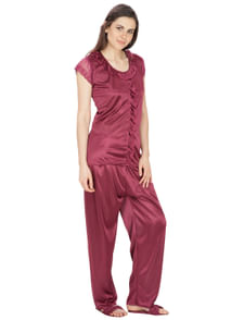 Satin Wine Red Nightsuit Set with Slippers (Dark Purple, Free Size)