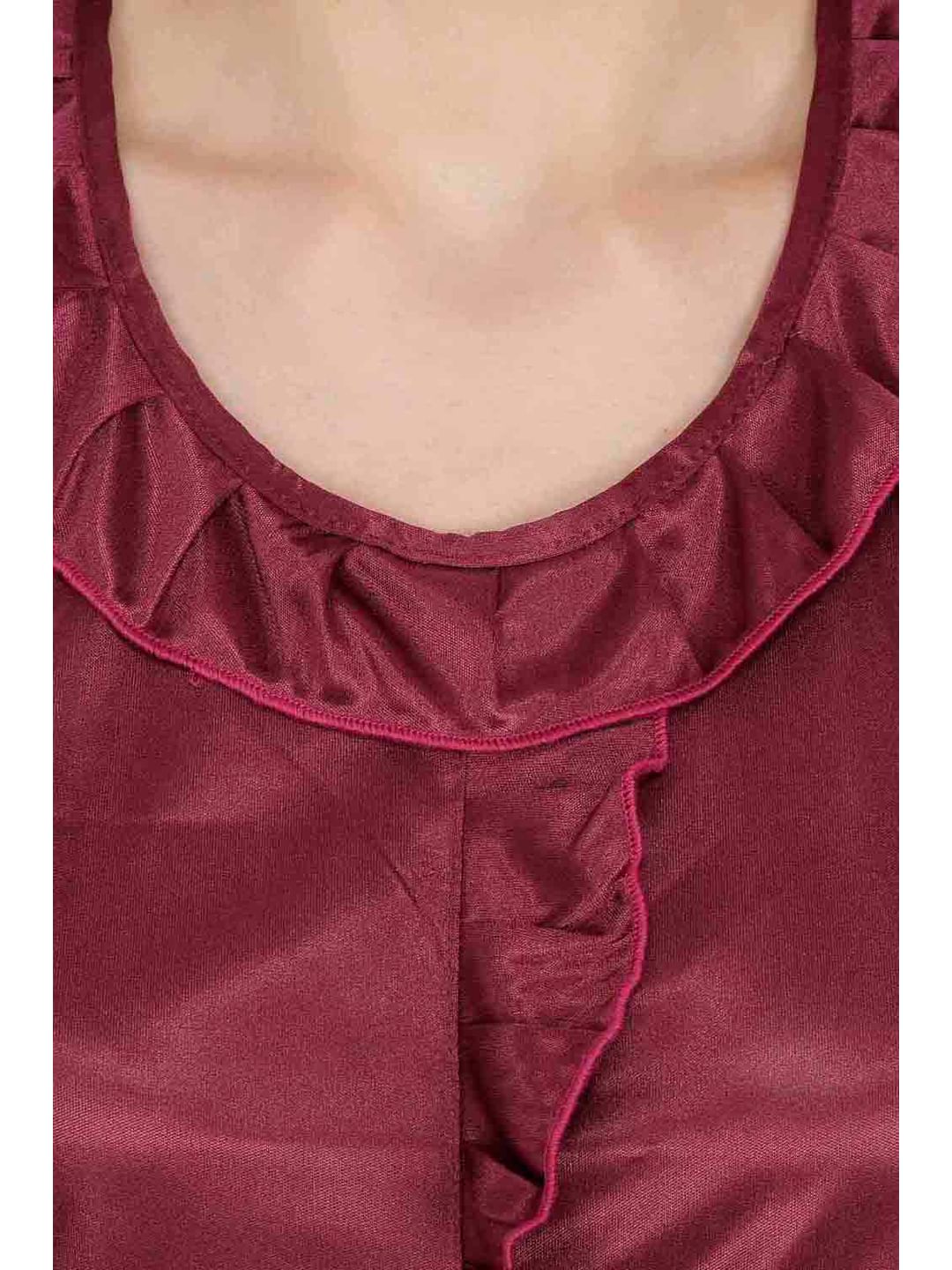 Satin Wine Red Nightsuit Set with Slippers (Dark Purple, Free Size)
