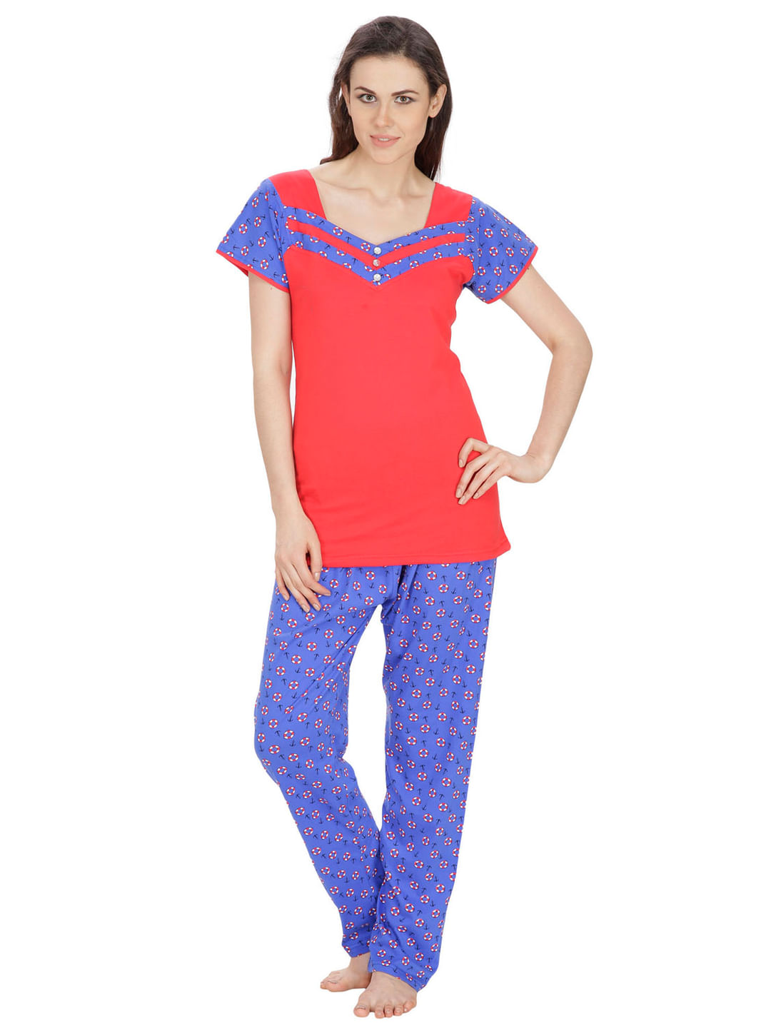Hosiery Red, Blue Nightsuit Set (Red, Blue, Free Size)