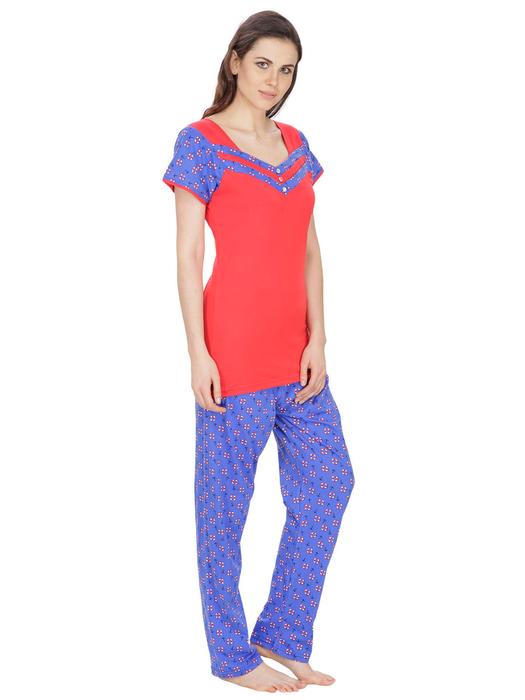 Hosiery Red, Blue Nightsuit Set (Red, Blue, Free Size)