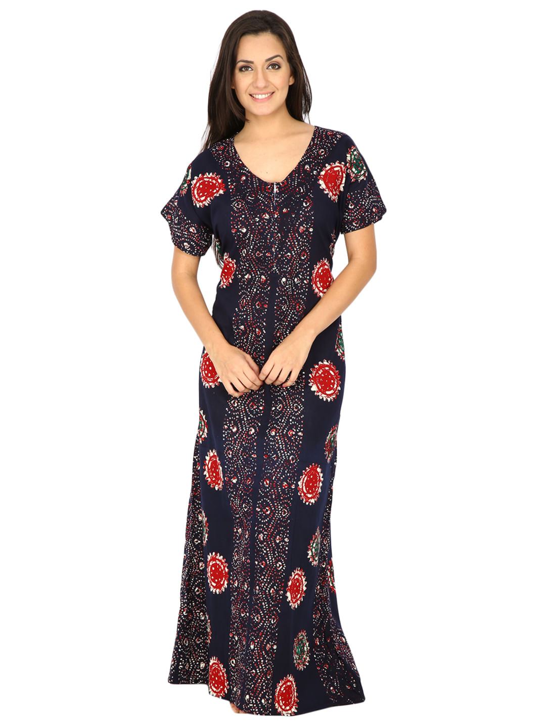 Navy Blue Cotton Printed Nighty (Free Size)
