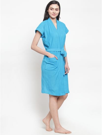 Secret Wish Women's Solid Cotton Blue Bath Robe (Free Size)