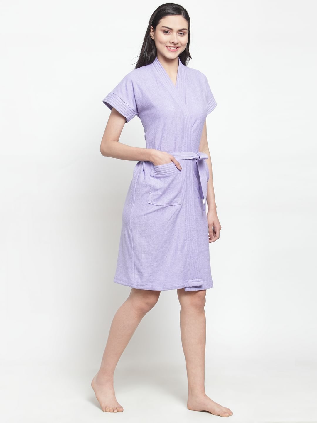 Solid Cotton Light Purple Bath Robe (Free Size)