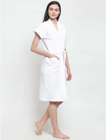 Secret Wish Women's Solid Cotton White Bath Robe (Free Size)