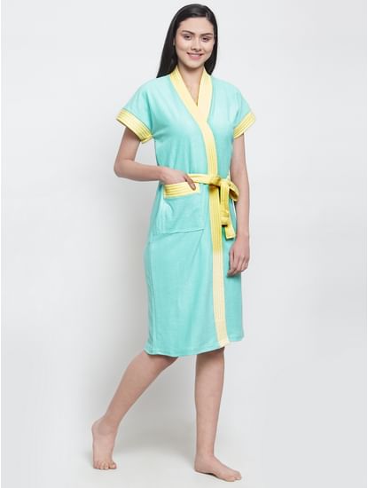 Secret Wish Women's Solid Cotton Sky Blue Bath Robe (Free Size)