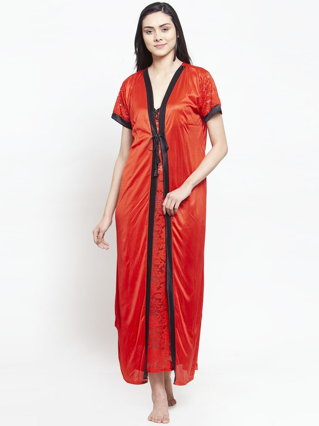 Red Satin Nighty wih Robe (Free Size)