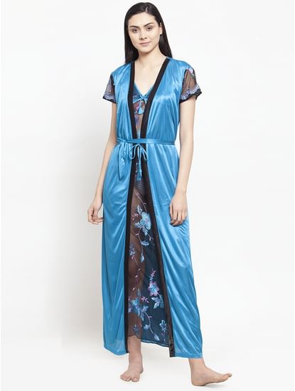 Secret Wish Women's Sky Blue Satin Nighty wih Robe (Free Size)