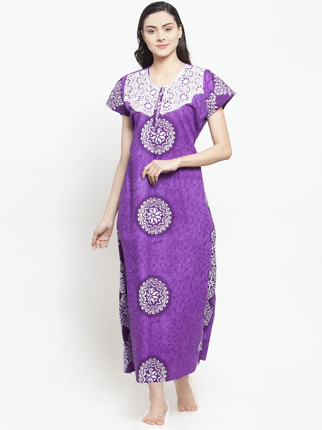 Purple Cotton Printed Nighty (Free Size)