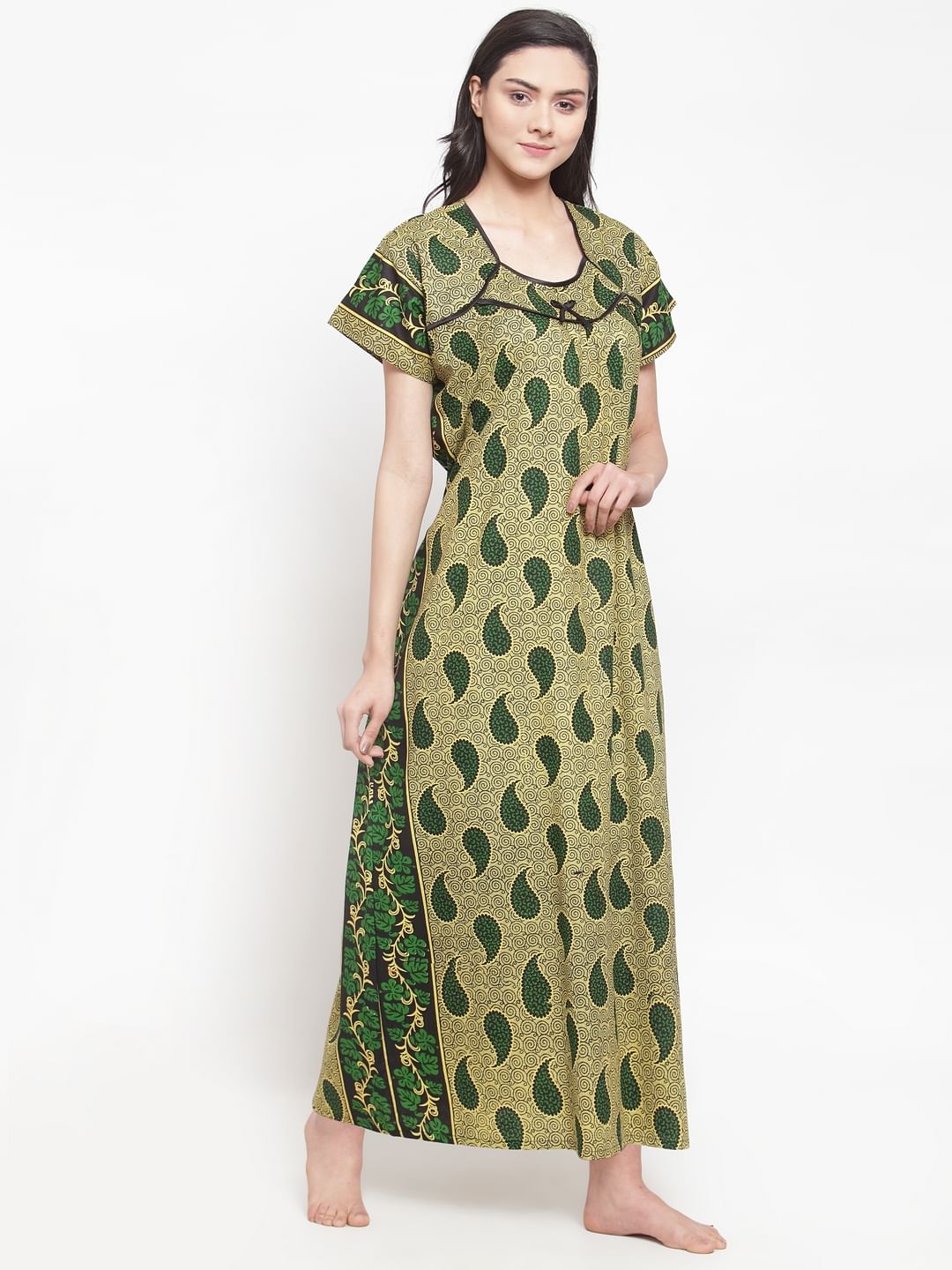 Olive Green Cotton Printed Nighty (Free Size)