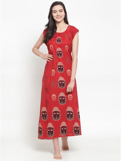 Secret Wish Women's Red Cotton Printed Nighty (Free Size)