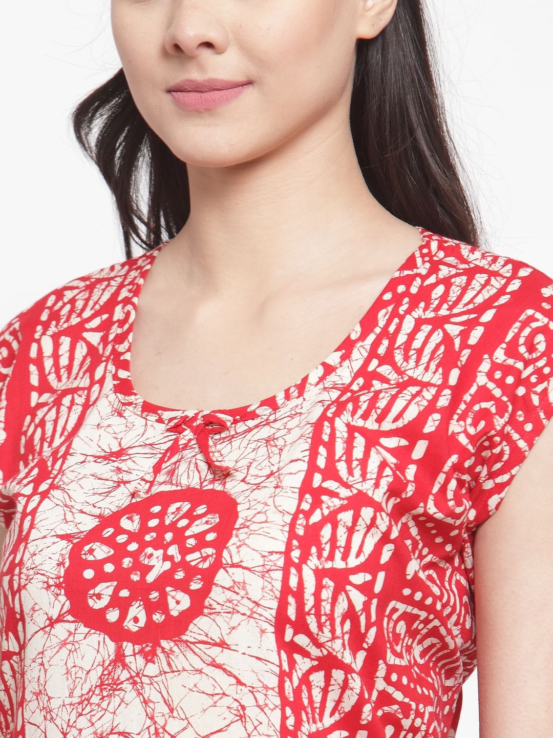 Red Cotton Printed Nighty (Free Size)