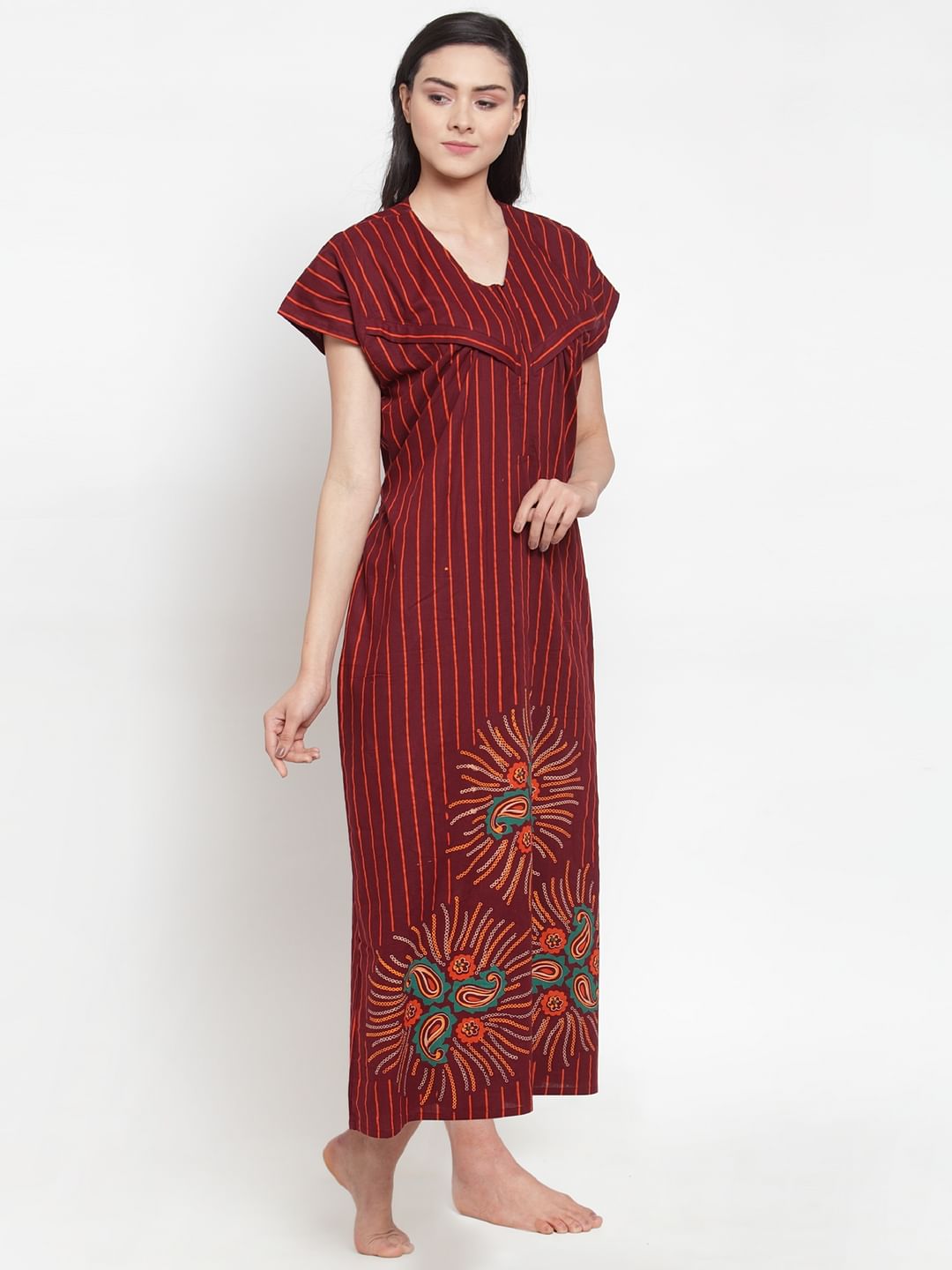 Maroon Cotton Printed Maternity Nighty (Free Size)