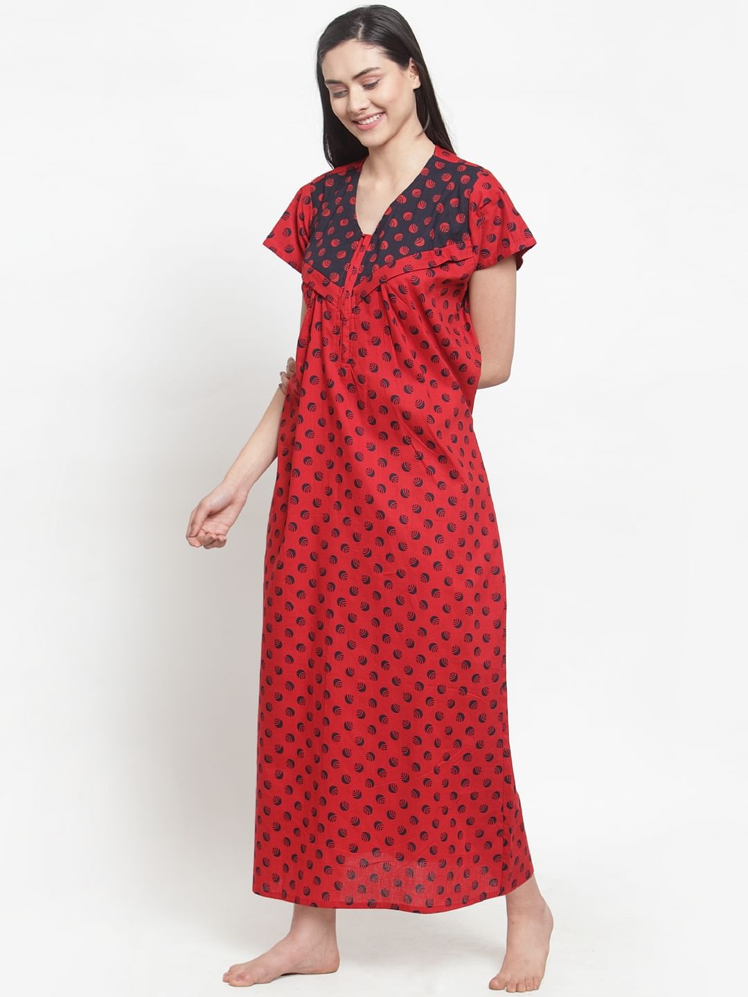 Red Cotton Printed Maternity Nighty (Free Size)