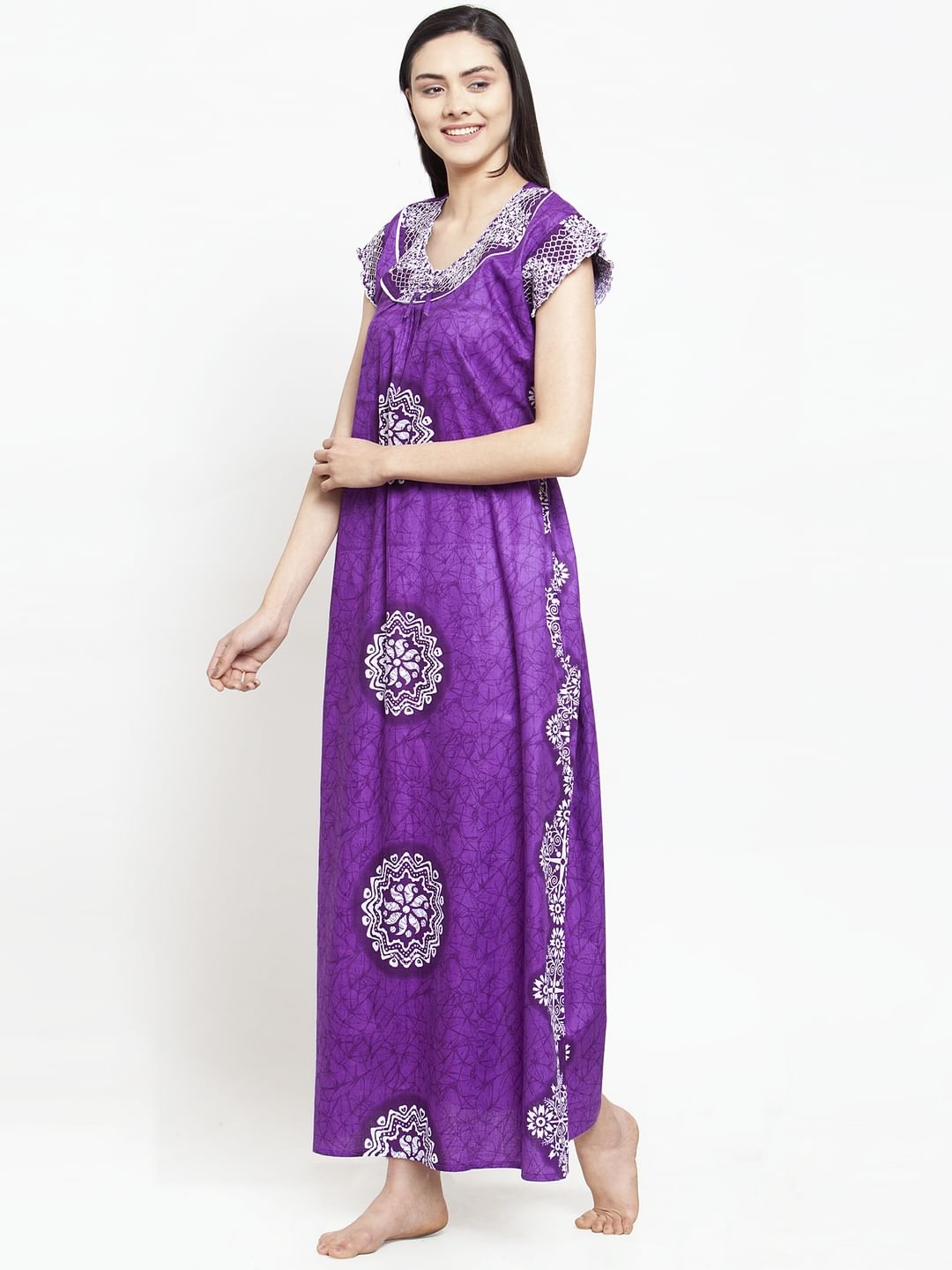 Violet Cotton Printed Nighty (Free Size)