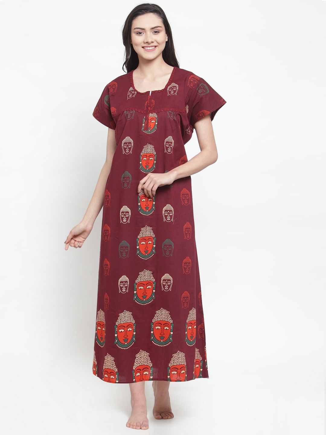 Maroon Cotton Printed Nighty (Free Size)