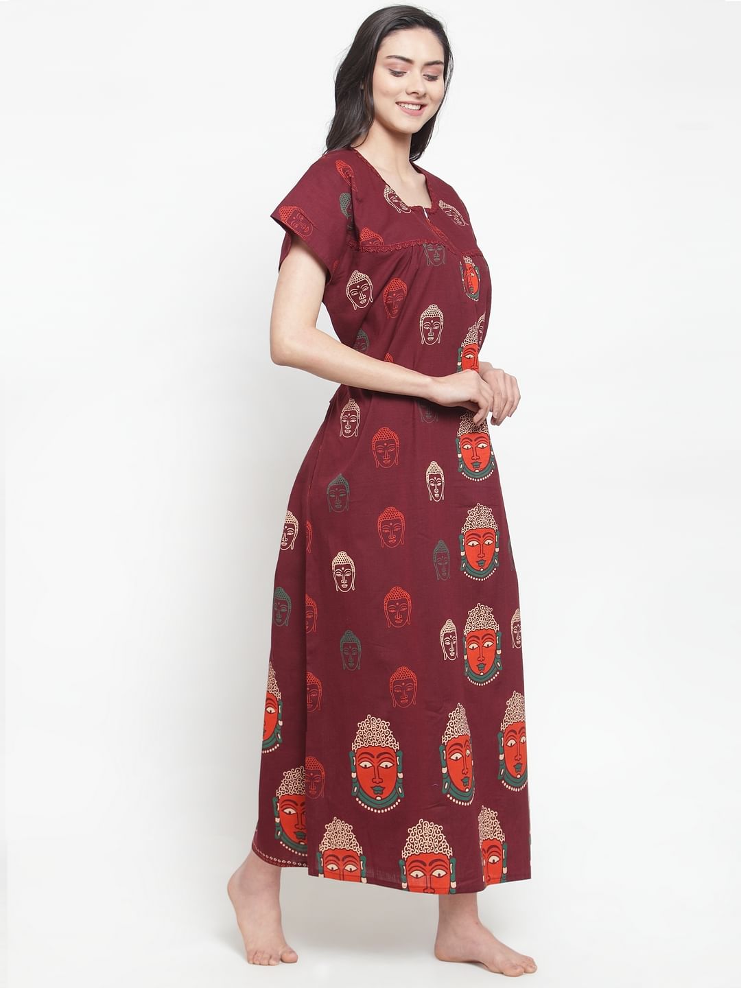 Maroon Cotton Printed Nighty (Free Size)