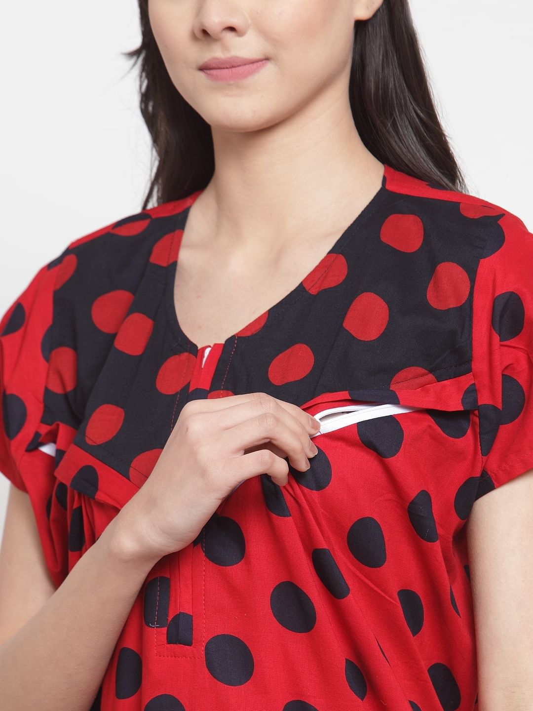 Red Cotton Printed Maternity Nighty (Free Size)