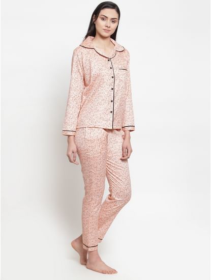 Secret wish Women's peach cotton printed night suit 