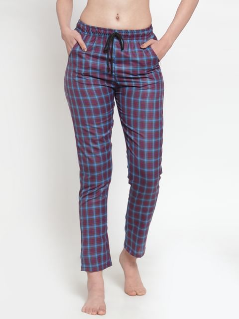 Secret Wish Women's cotton Maroon checkered pyjama