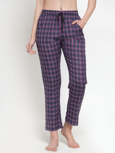 Secret Wish Women's cotton Purple checkered pyjama