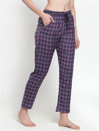 Secret Wish Women's cotton Purple checkered pyjama
