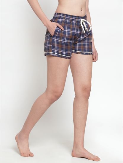 Secret Wish Women's cotton Brown checkered shorts
