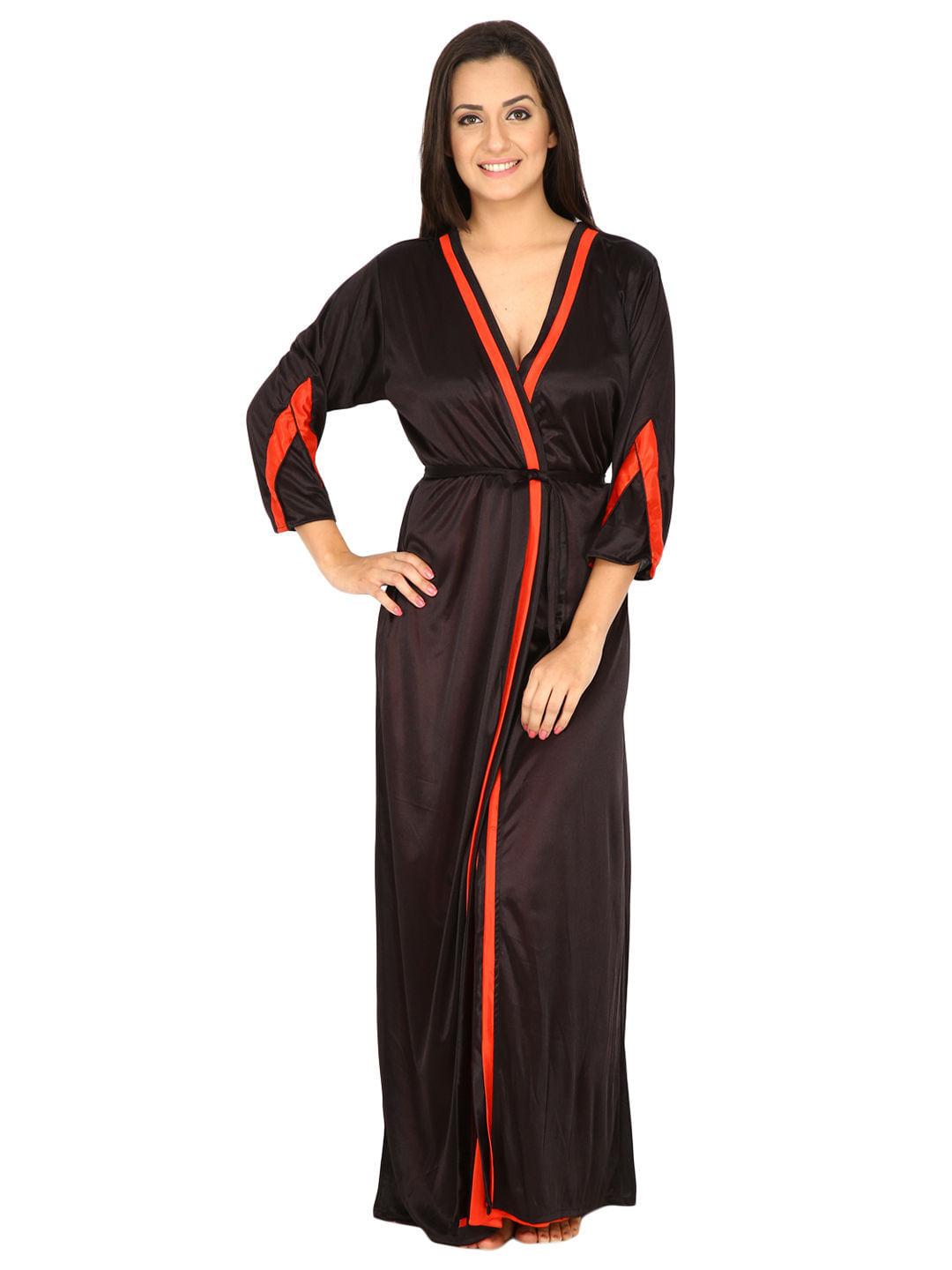 Satin Black Long Night Dress With Robe Set (Black, Free Size)
