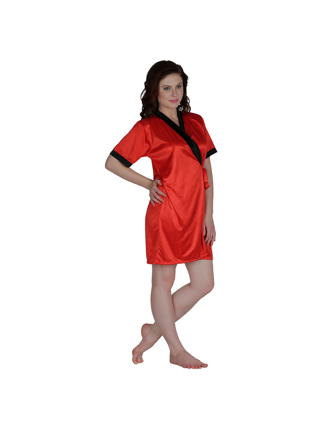 Satin Black, Red Robe, Housecoat (Free Size, HC-56)
