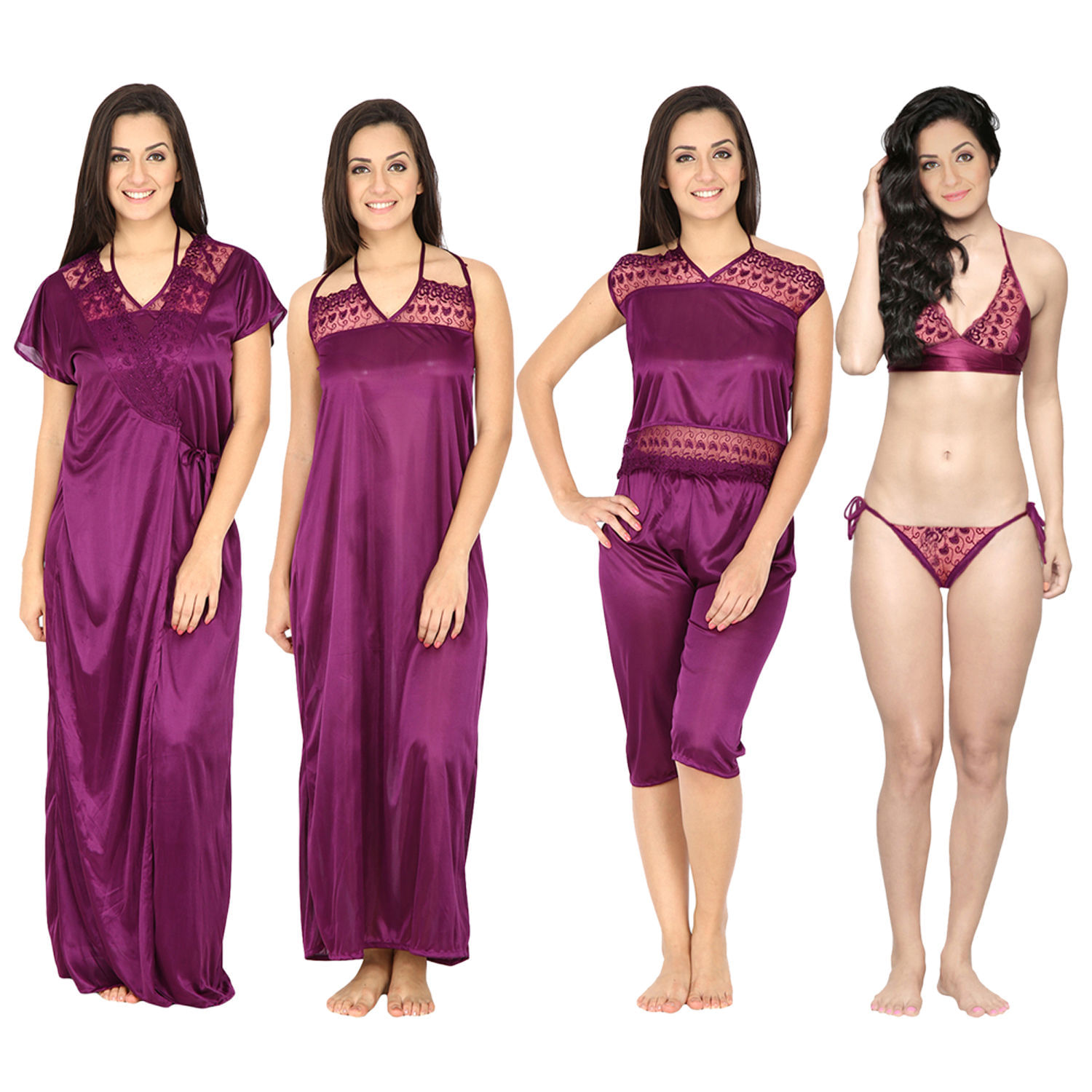 Romaisa Women`s Satin Nightwear Set of 4 Pcs Nighty, Wrap Gown, Top, Capri  (Size - Small, Medium, Large) (Pack of 4) COLOUR : MAGENTA