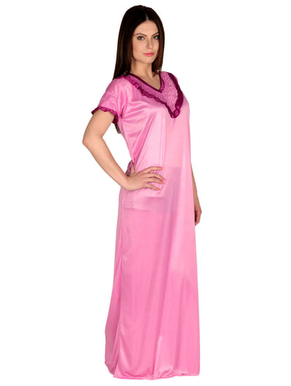 Satin Pink Nighty, Nightdress (Free Size, NT-26)